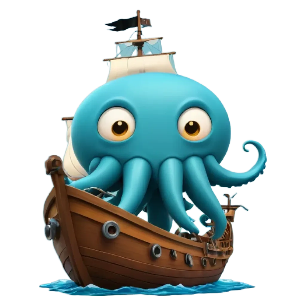 A blue octopus is on a ship.