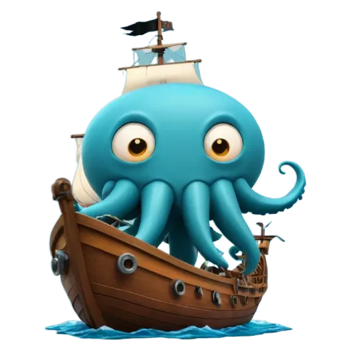 A blue octopus is on a ship.