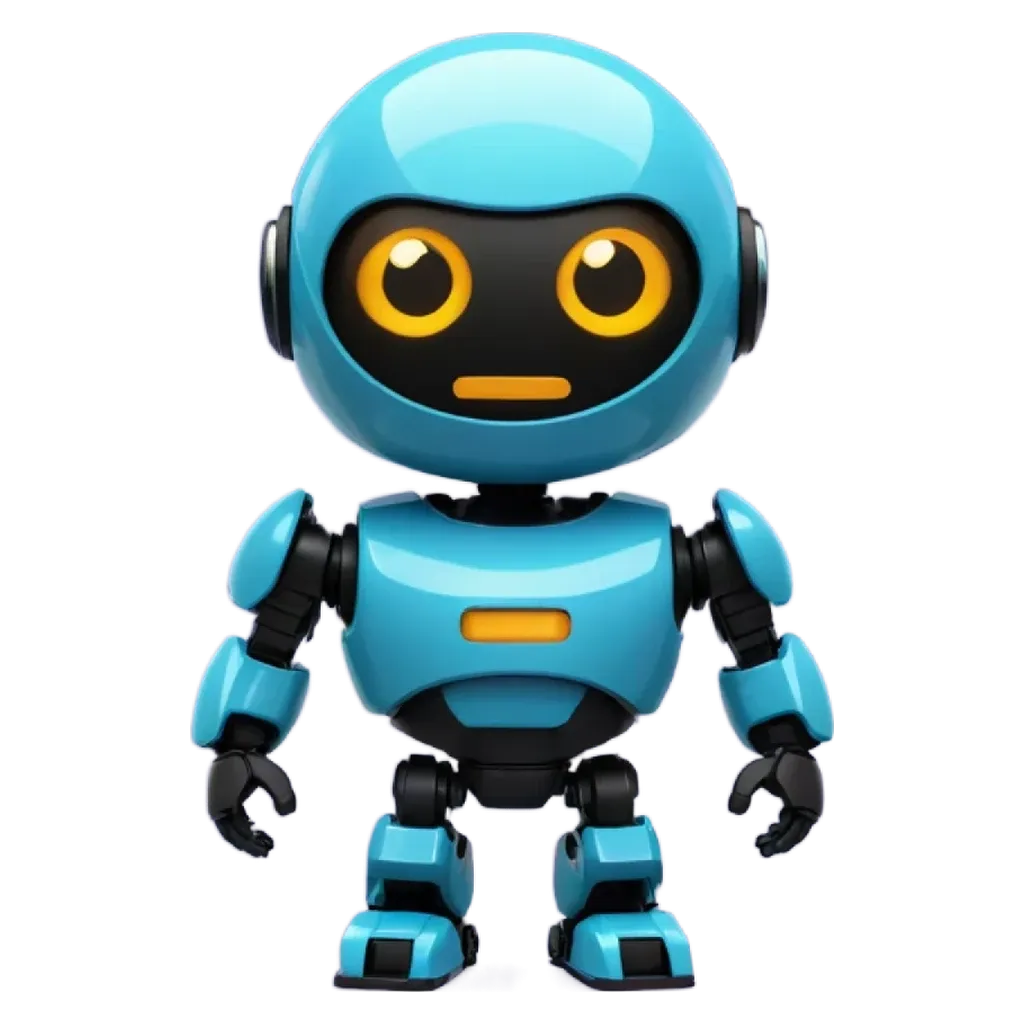 A blue robot with yellow eyes is standing on a black background.