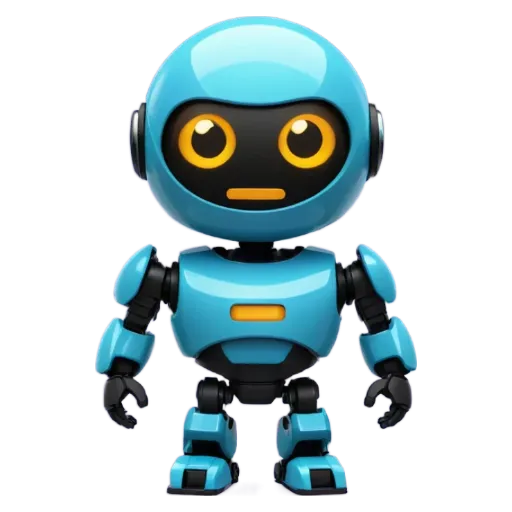 A blue robot with yellow eyes is standing on a black background.