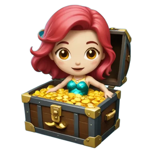 A children's cartoon character is sitting in a trunk full of gold coins.