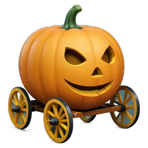 A carved pumpkin that is also a wagon with a face on it.