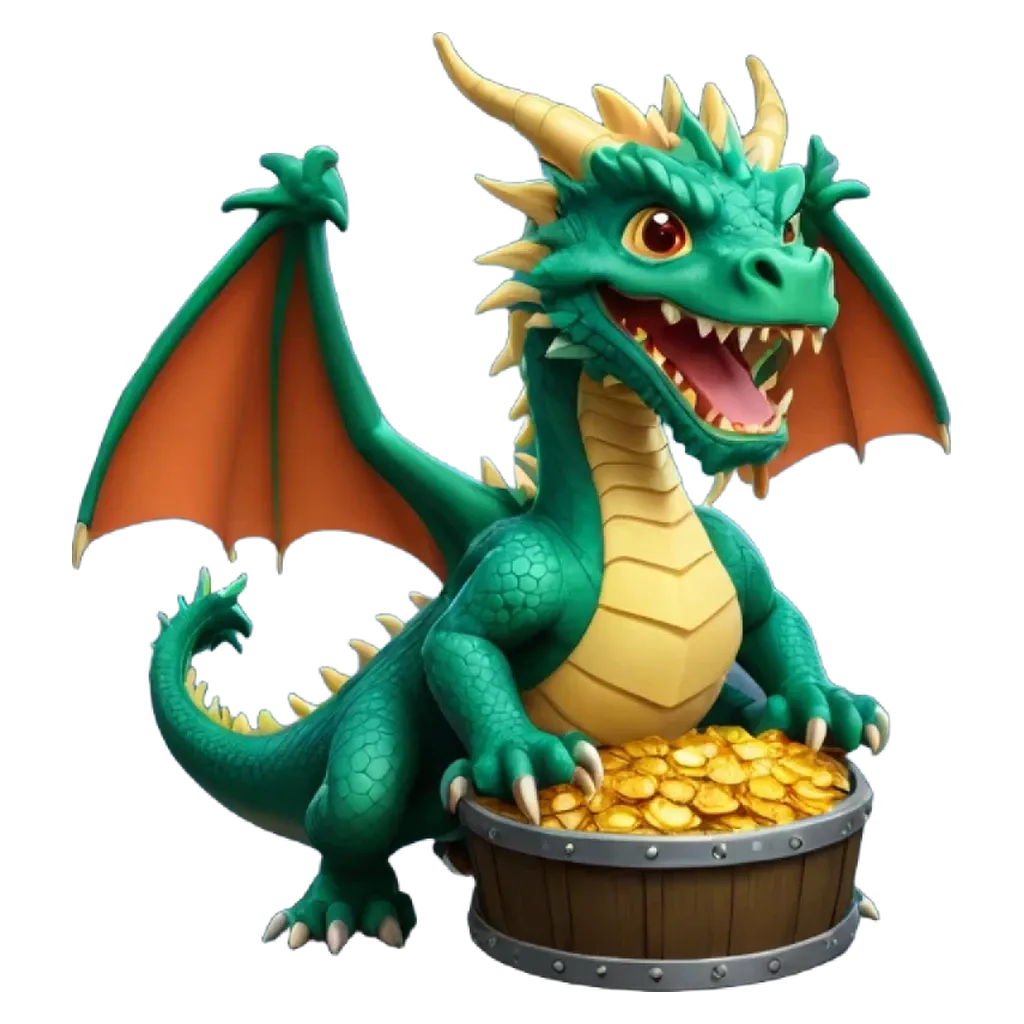 a dragon holding a bunch of gold in its mouth.