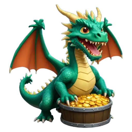 a dragon holding a bunch of gold in its mouth.