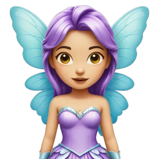 A cartoon image of a fairy that is purple.