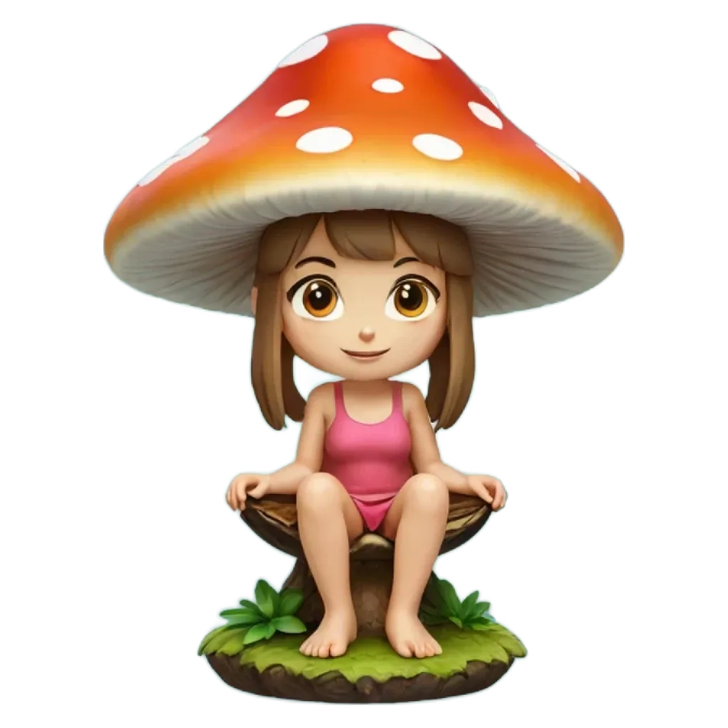 A mushroom figure that is a girl with red shorts sitting on a mushroom.