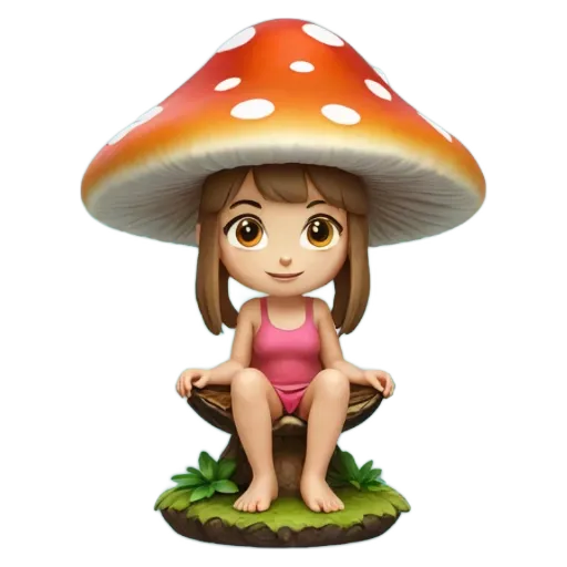 A mushroom figure that is a girl with red shorts sitting on a mushroom.