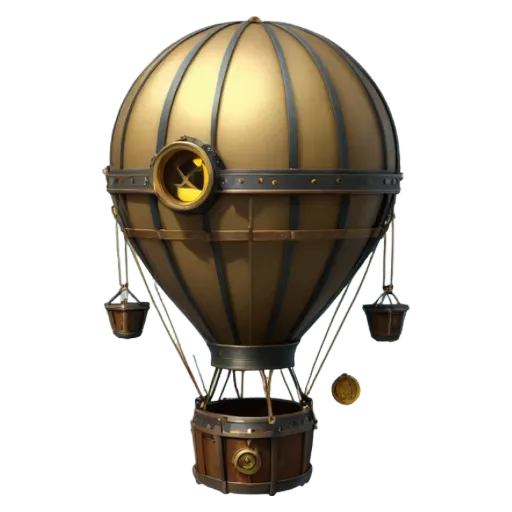 A gold hot air balloon with a black and silver frame.