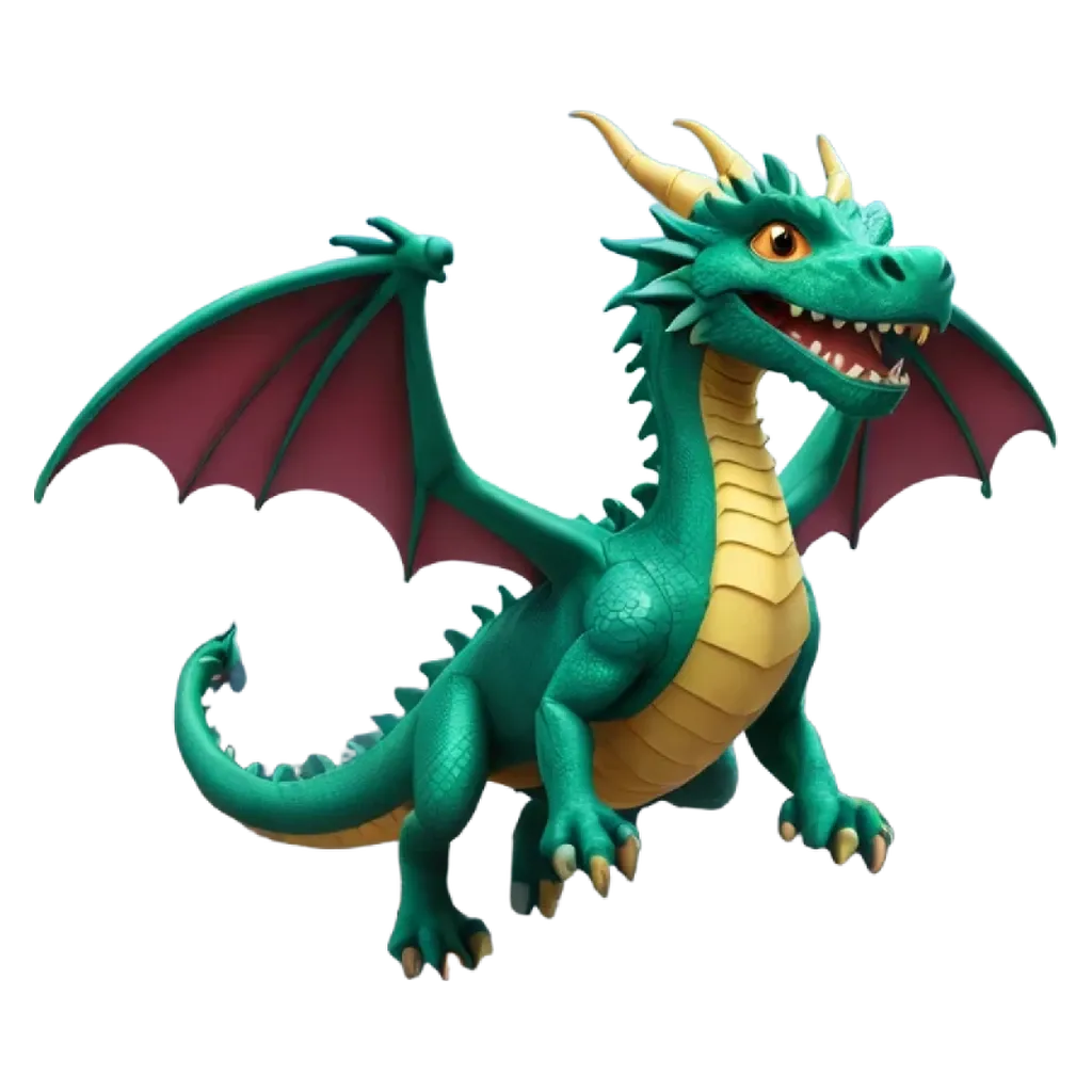 A green and red dragon with yellow teeth in front of a black background.