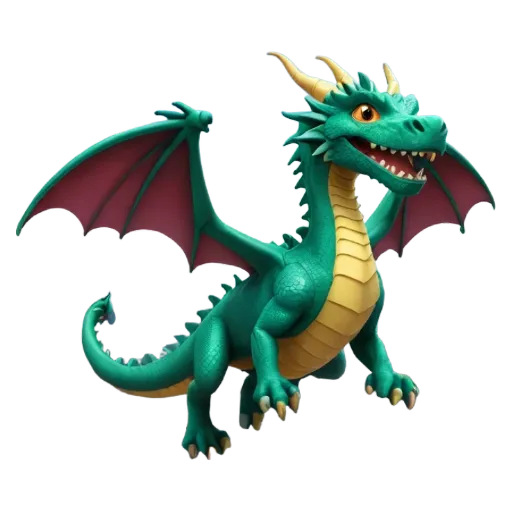 A green and red dragon with yellow teeth in front of a black background.