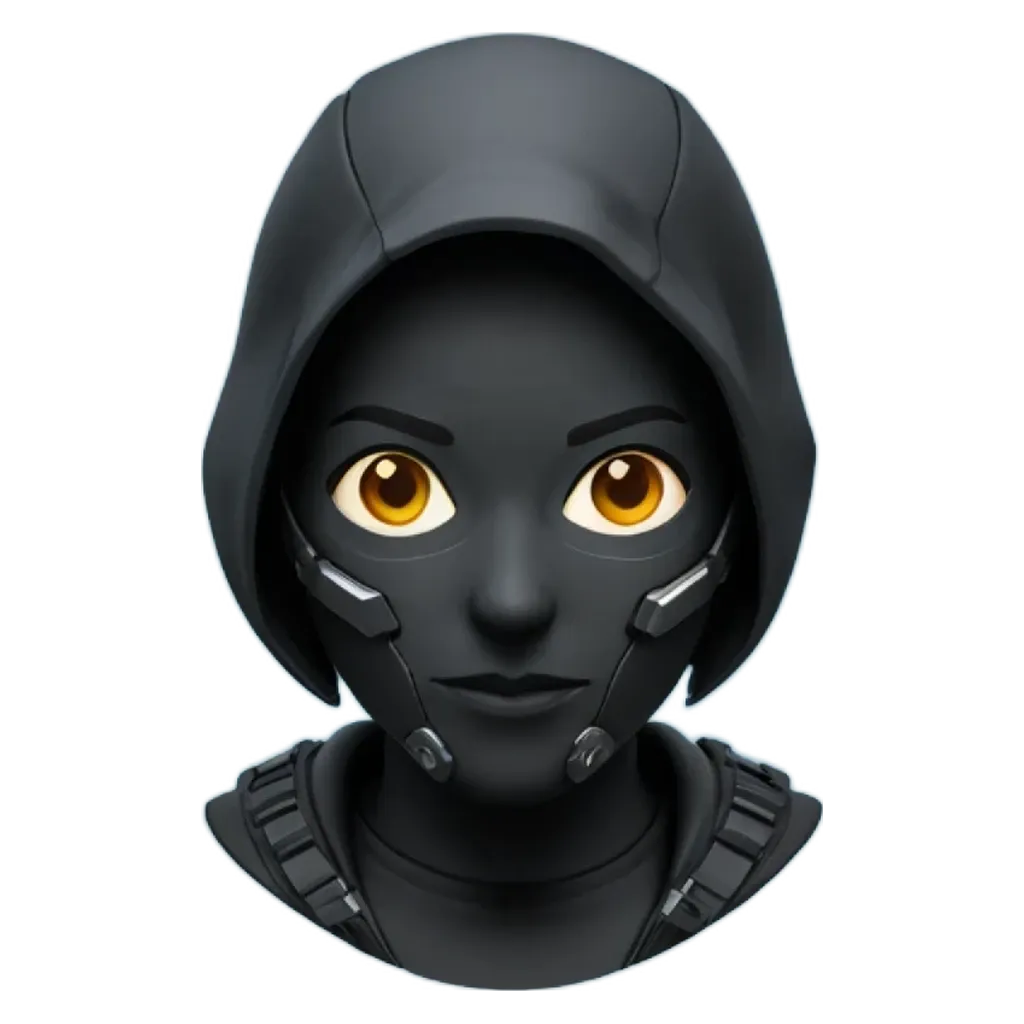 A black face with yellow eyes is shown in a black background.