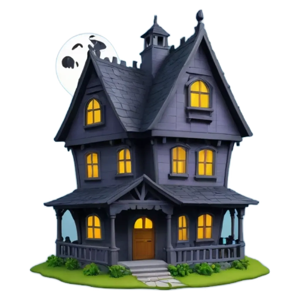 A very detailed and cute cartoon house with a full moon in the background.