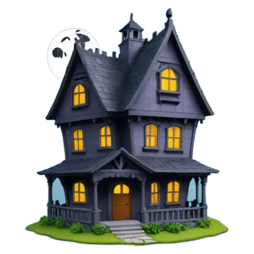 A very detailed and cute cartoon house with a full moon in the background.