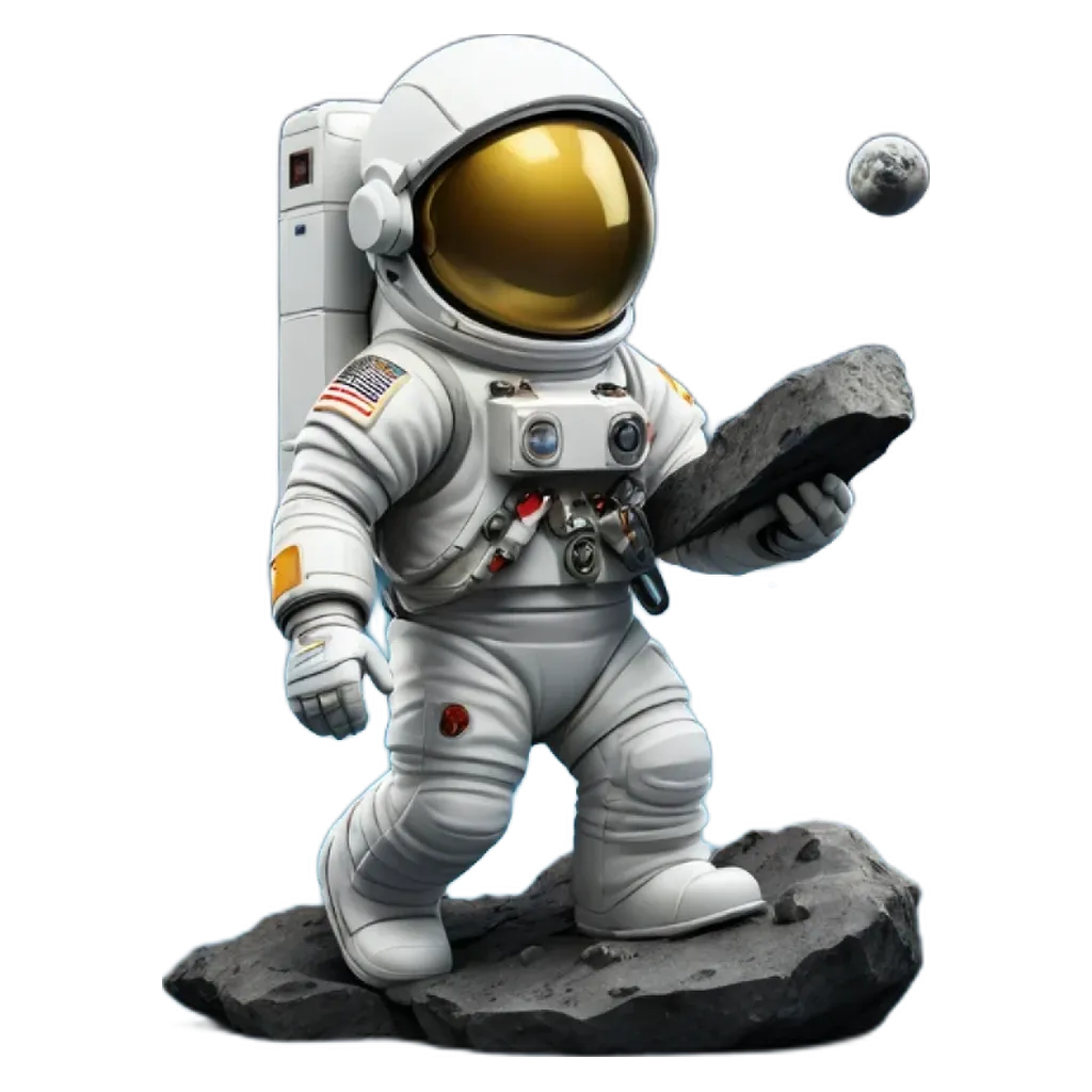 A space man in a white uniform is holding a rock.