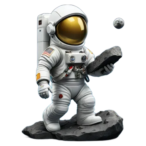 A space man in a white uniform is holding a rock.