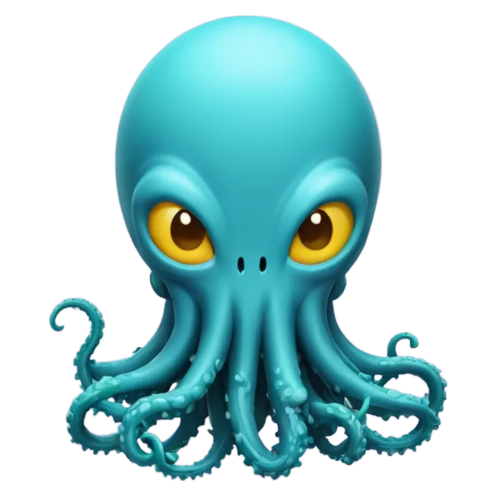 A very detailed blue octopus with yellow eyes is on a black background.