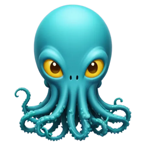 A very detailed blue octopus with yellow eyes is on a black background.