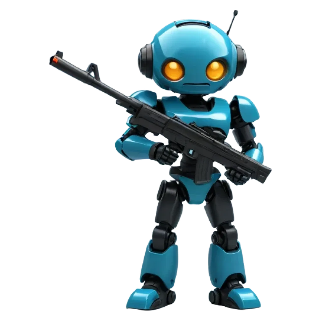 A blue robot with a gun is holding the gun in front of it.