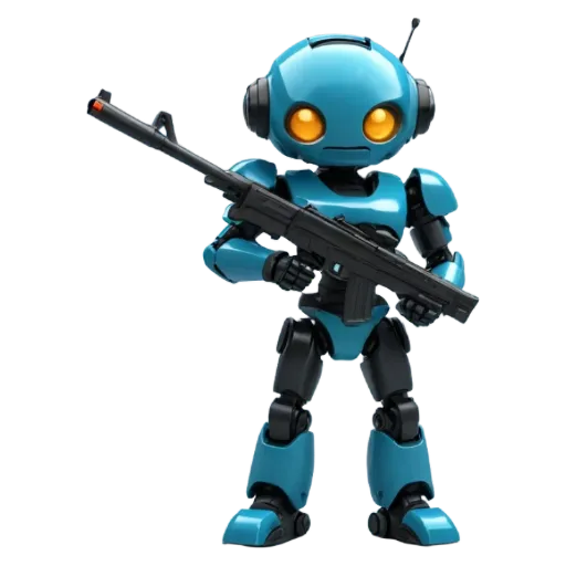 A blue robot with a gun is holding the gun in front of it.