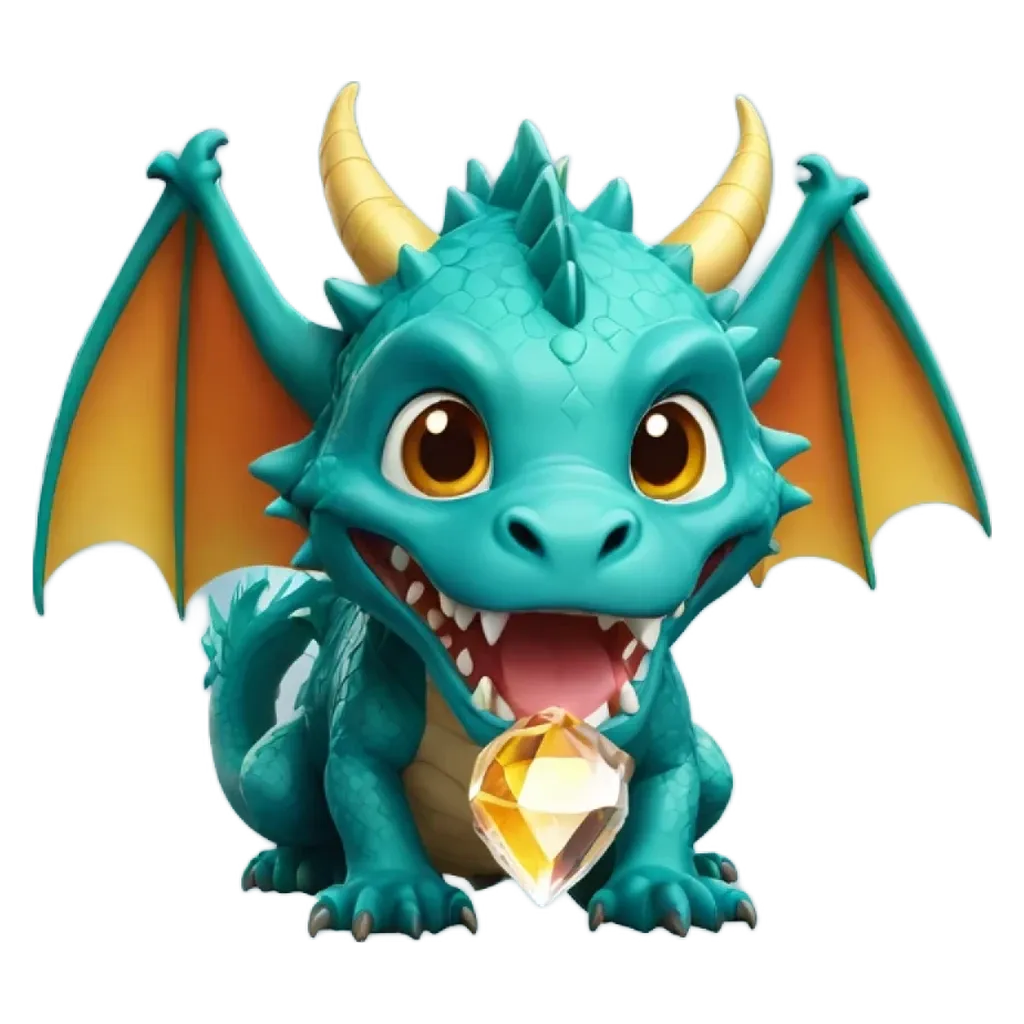 A dragon that is blue and yellow with a gem in its mouth.