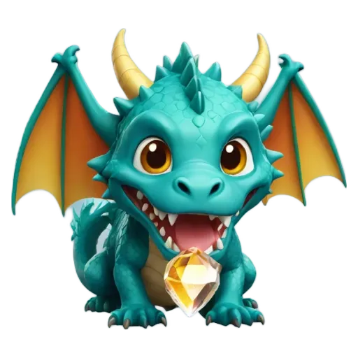 A dragon that is blue and yellow with a gem in its mouth.