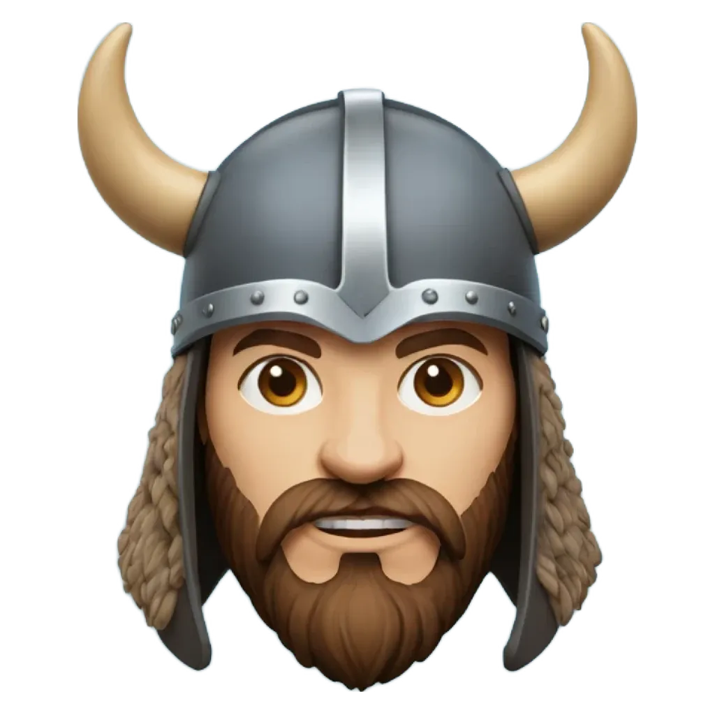 A face with a Viking helmet is on a black background.