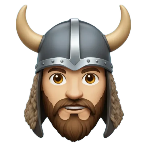 A face with a Viking helmet is on a black background.