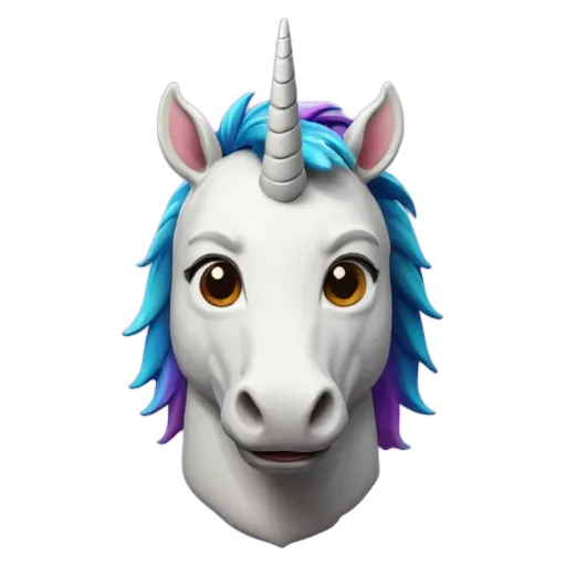 A white unicorn face with blue eyes and purple hair.