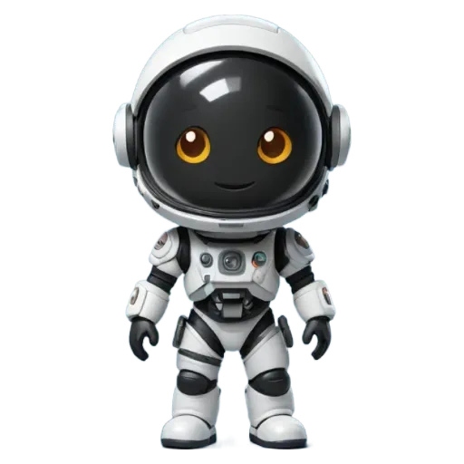 A robot that is white in color with black eyes is standing in a black and white background.