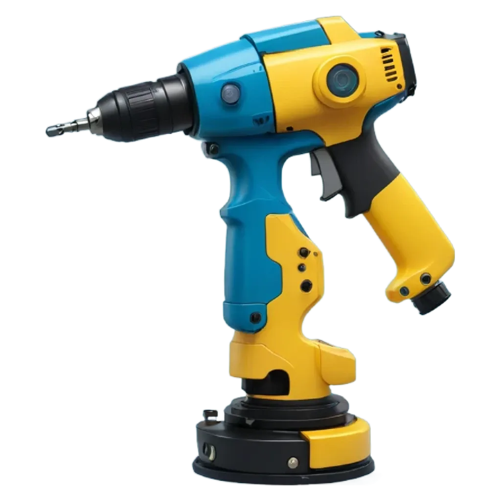 A blue and yellow power tool is on a black background.