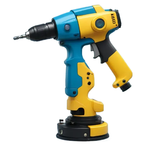 A blue and yellow power tool is on a black background.