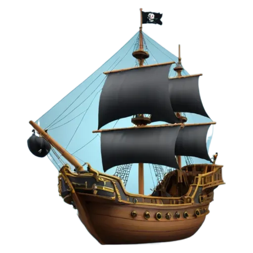 A pirate ship that is color black and blue with a white ball in the middle.
