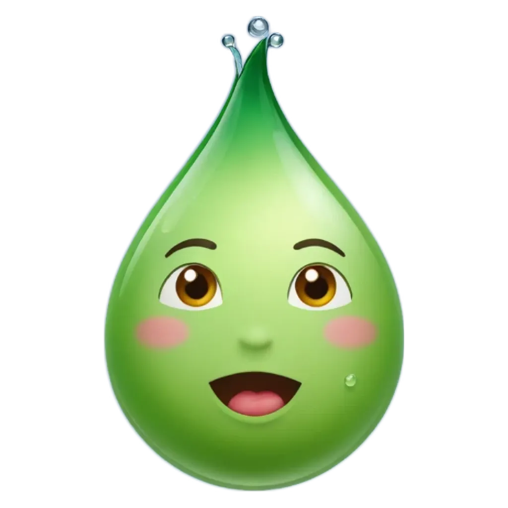 A drop of water with a green face and a smile.