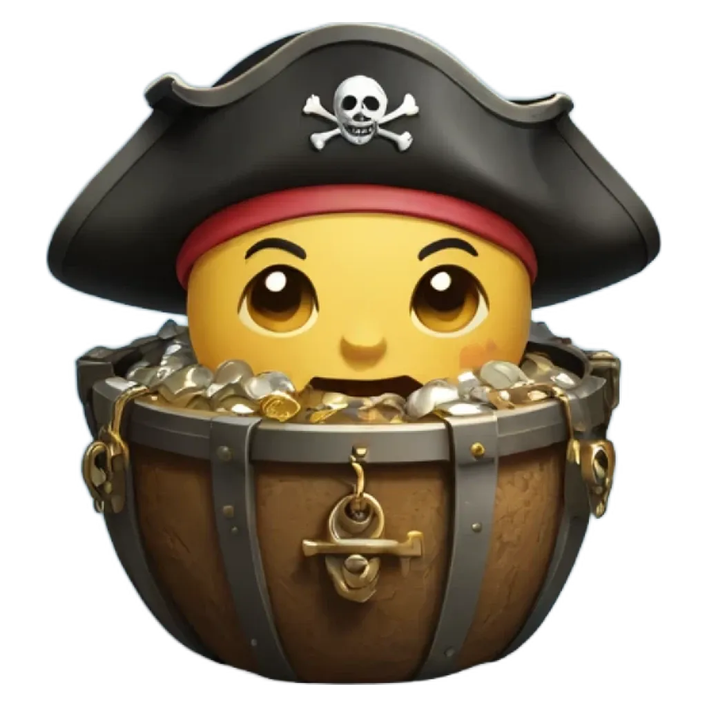 a pirate hat and face with gold coins in a wooden chest.