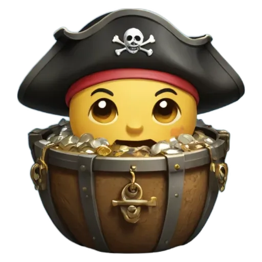 a pirate hat and face with gold coins in a wooden chest.