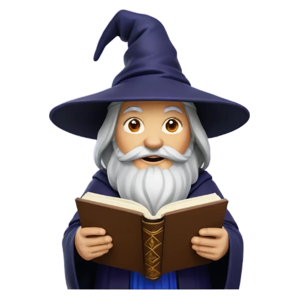 An image of a man reading a book in a wizard hat.