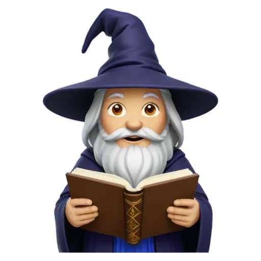 An image of a man reading a book in a wizard hat.