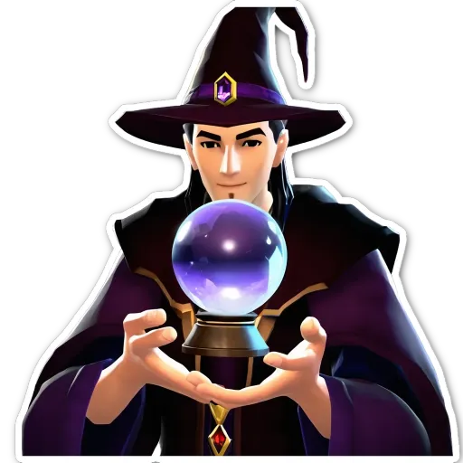 A man with a crystal ball is wearing a purple hat.