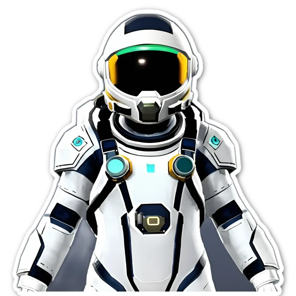 A white and blue spacesuit with a green circle on the helmet.