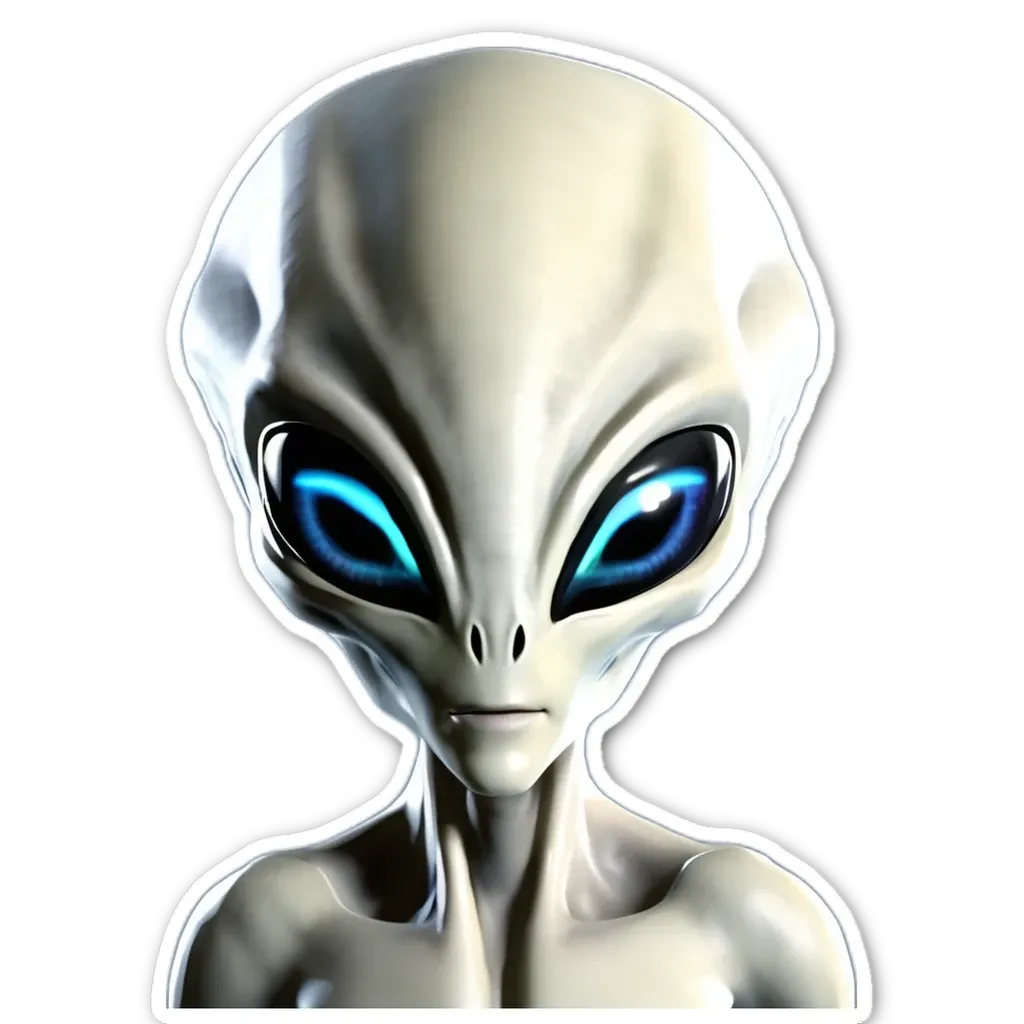 An alien looking up with blue eyes.