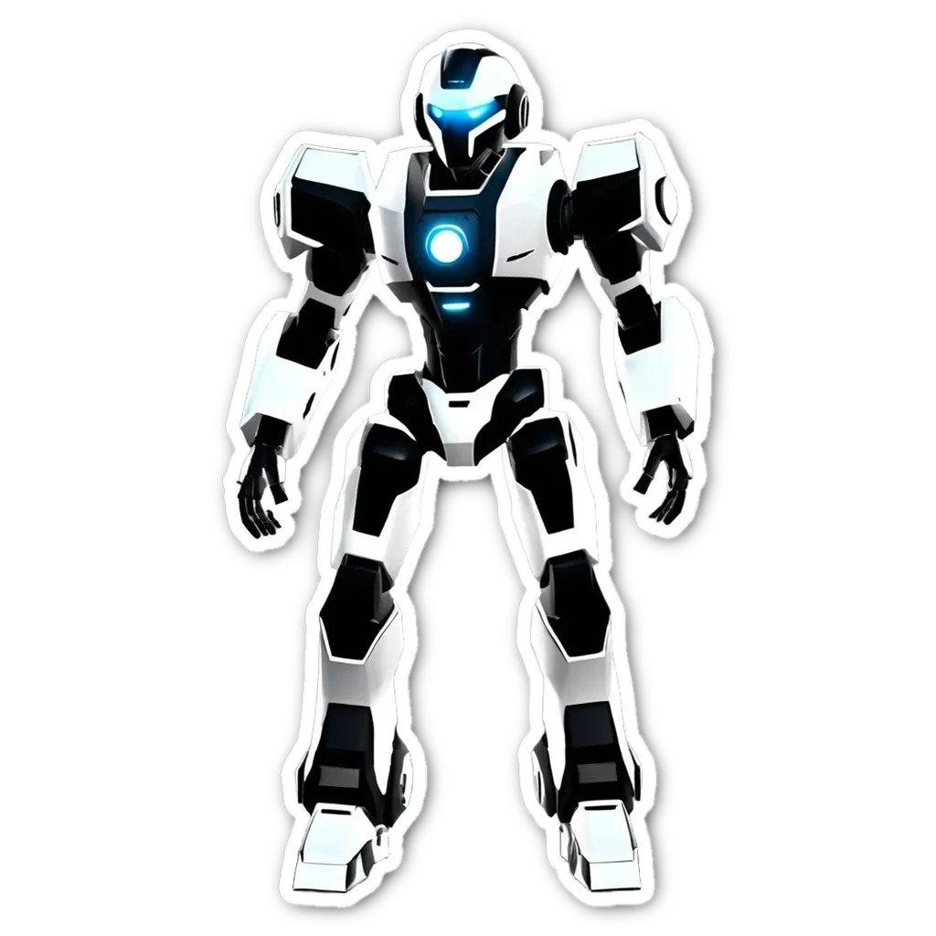 A white and black robot with blue eyes stands on a black and white background.