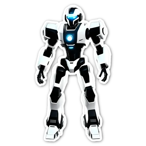 A white and black robot with blue eyes stands on a black and white background.