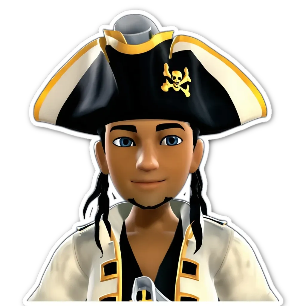 A boy wearing a pirate hat is smiling.