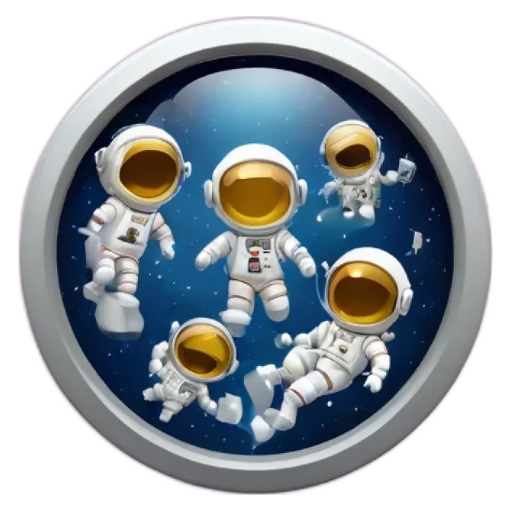 A circle with six space men on it.