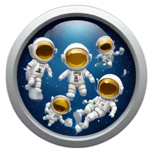 A circle with six space men on it.