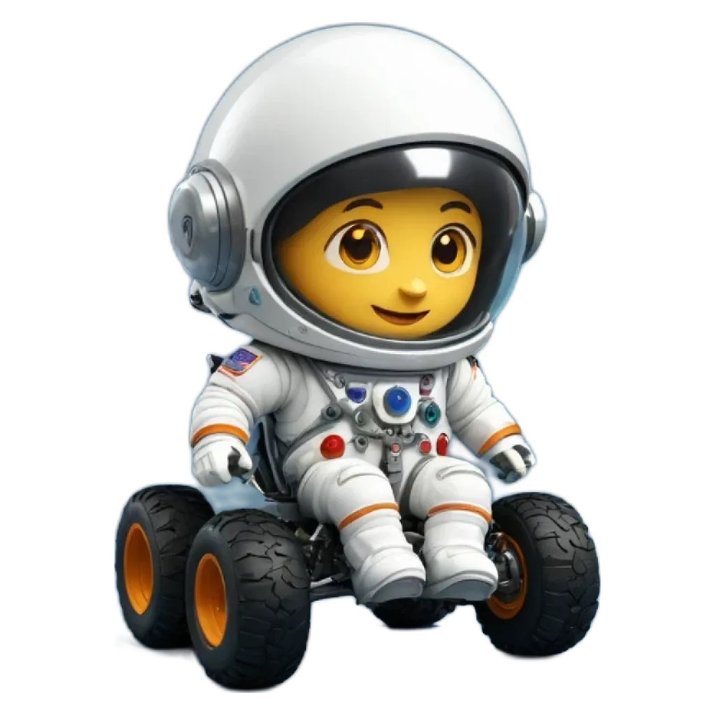 A picture of a child in a spacesuit riding a toy space shuttle.