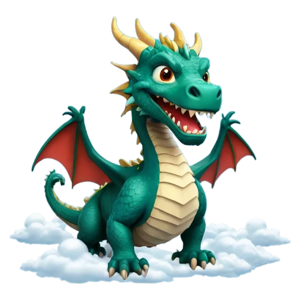 A green dragon is smiling and sitting on a cloud.