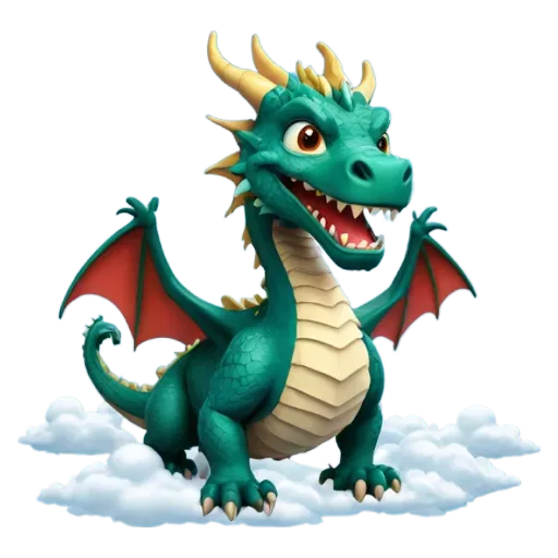 A green dragon is smiling and sitting on a cloud.