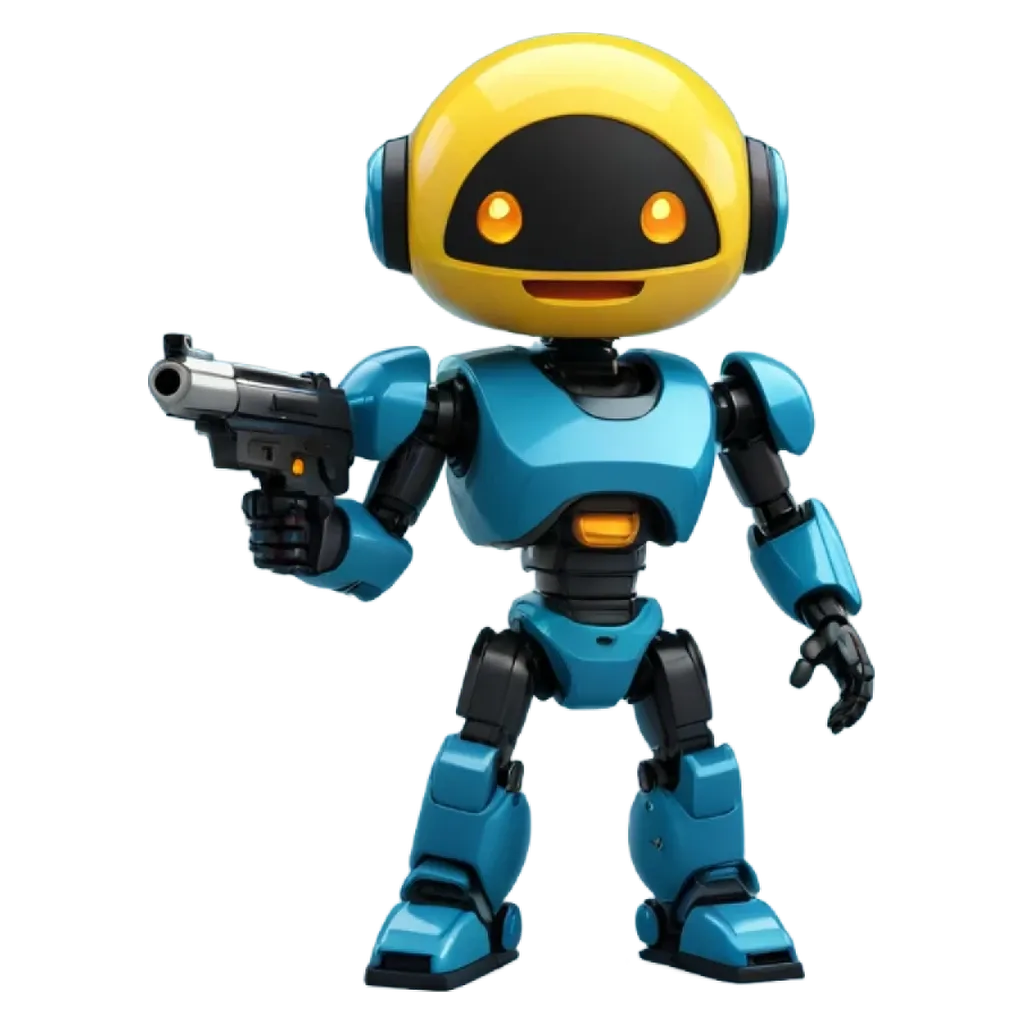 a blue robot with a gun that is holding it.