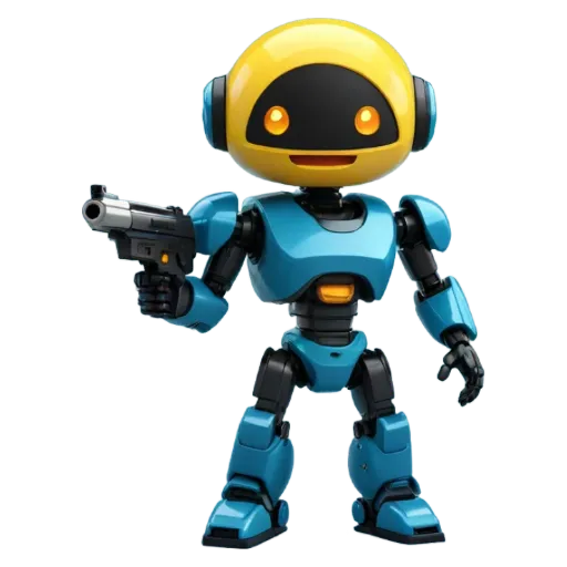 a blue robot with a gun that is holding it.